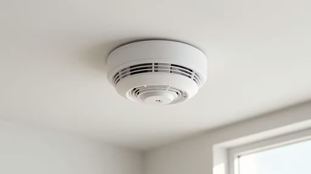 A white smart smoke detector mounted on a clean ceiling in a modern, sunlit home interior.