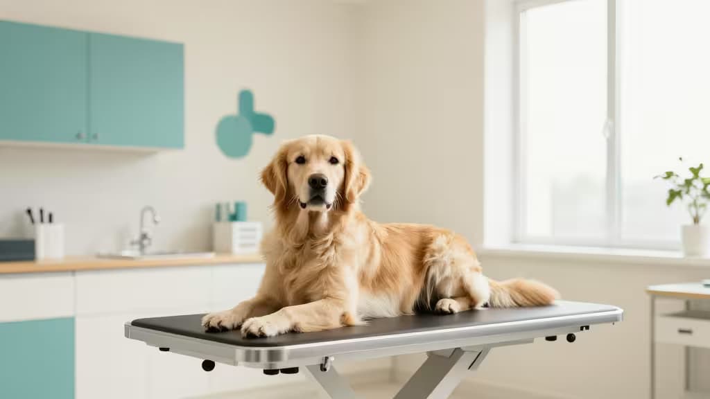 A bright, modern veterinary clinic interior with a golden retriever resting on an exam table, warm natural light streaming through large windows.
