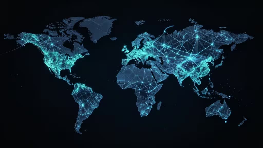 Glowing cyan network nodes connect across a dark world map, illustrating global edge database infrastructure for low-latency data processing.