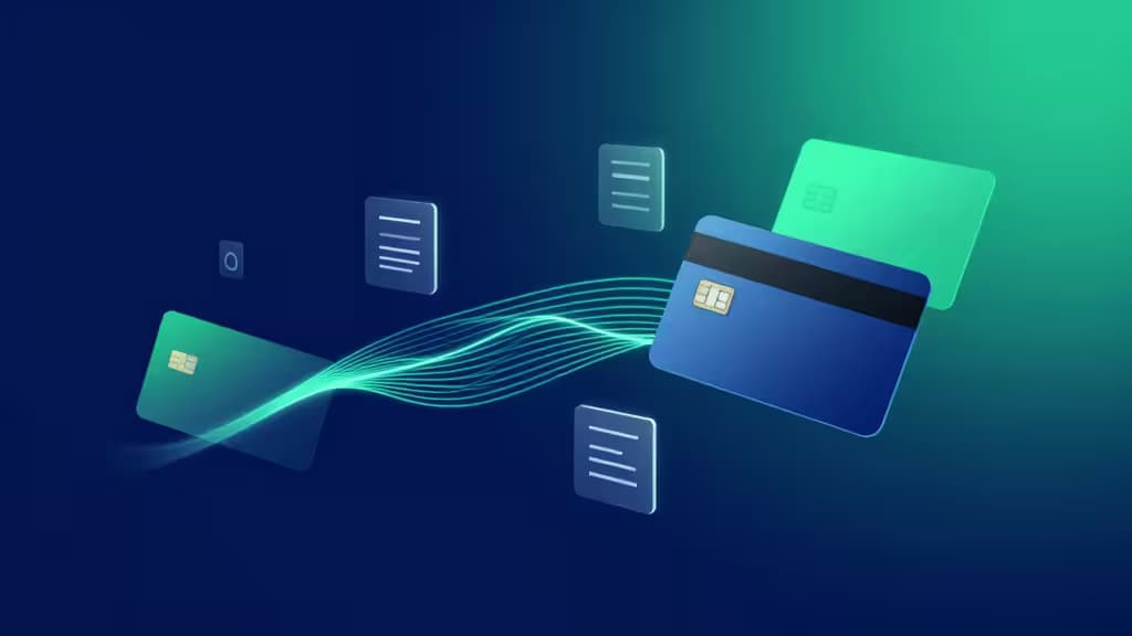 Des cartes virtuelles flottent sur un fond numérique bleu-vert, symbolisant la gestion moderne des dépenses.