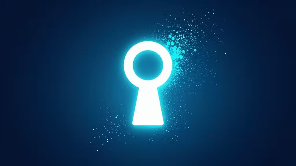 Abstract glowing keyhole icon dissolving into particles against a dark blue gradient background, representing digital passkey security.