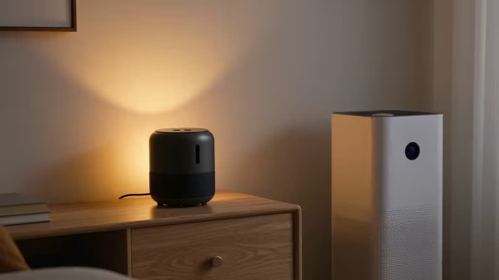 Ein schwarzer Smart Speaker und ein weißer Luftreiniger stehen auf einem hölzernen Nachttisch unter warmer Ambient-Beleuchtung.