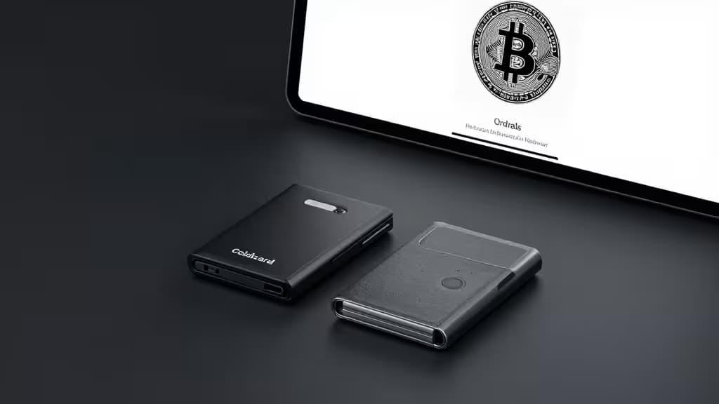 Two sleek black hardware wallets rest on a dark surface beside a monitor displaying Bitcoin Ordinals branding.