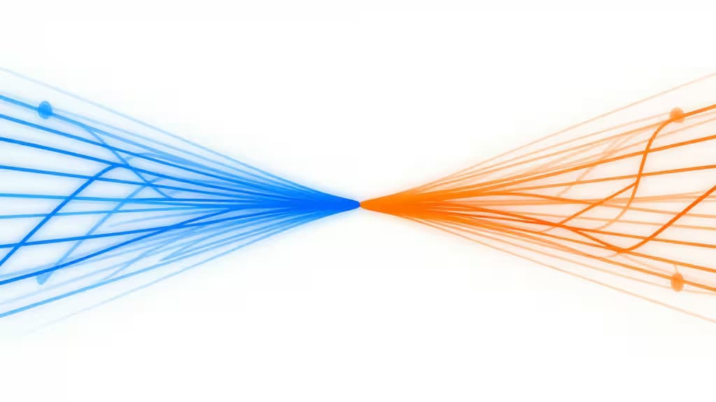 Lignes bleues et oranges convergent, symbolisant des décisions basées sur les données dans les outils d'A/B testing.