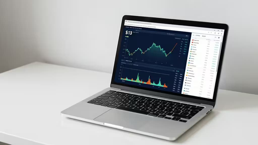 Silbernes Laptop zeigt Crypto-Steuer-Software-Oberfläche mit grünen und roten Charts auf weißem Schreibtisch.