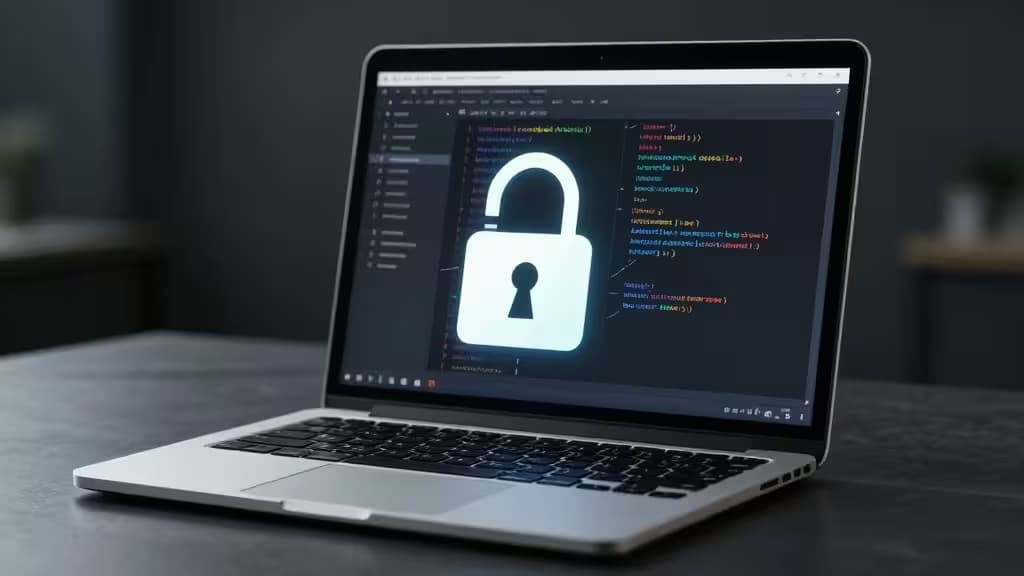 Ein abstrakter digitaler Tresor mit Code-Zeilen und einem Schloss-Symbol auf dunklem Hintergrund, umgeben von leuchtenden Verbindungslinien – symbolisiert die sichere Verwaltung von Entwickler-Credentials.