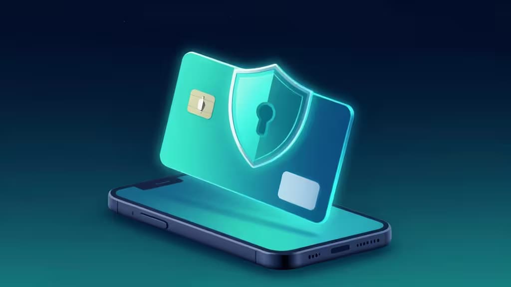 Glowing teal virtual card with shield and padlock icon hovers above a smartphone, symbolizing secure online shopping privacy.