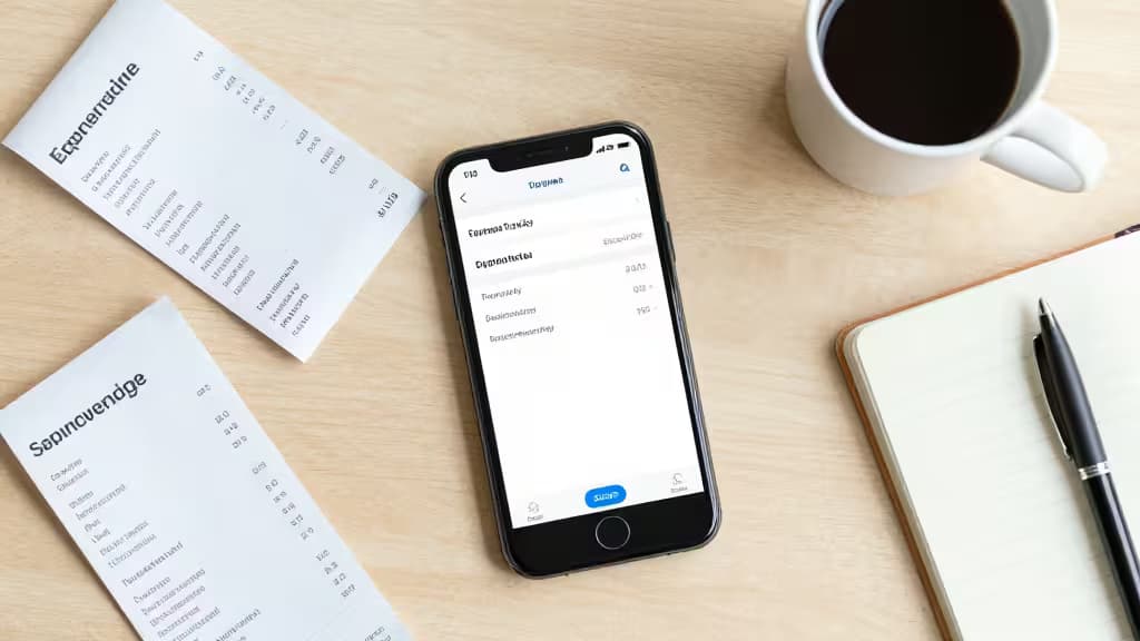 Smartphone expense app sits on light wood desk beside receipts, notebook, pen, and coffee mug.