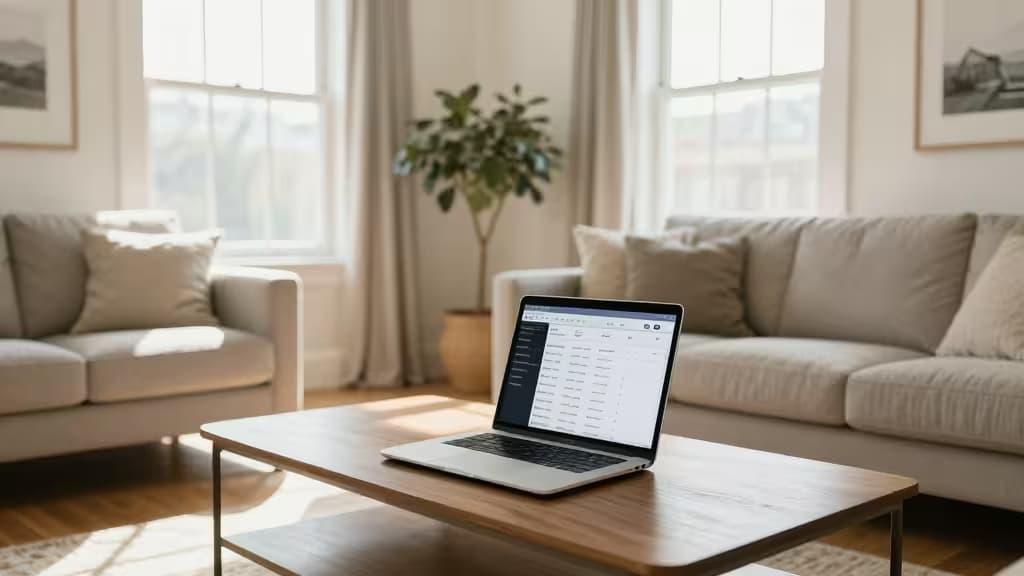 Ein Laptop mit KI-generierten Immobilien-Exposés steht auf einem Holztisch in einem sonnendurchfluteten Wohnzimmer.