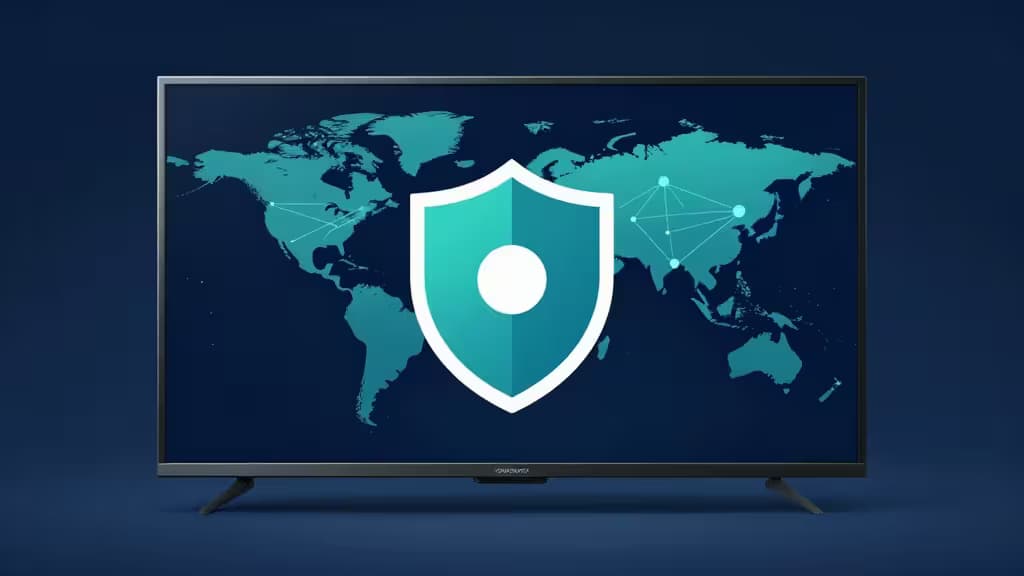 Abstracte illustratie van een smart-tv met een beveiligingsschild en wereldwijde netwerkknooppunten in donkerblauwe en turkooise tinten.
