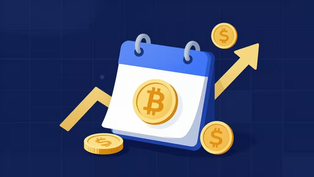 Calendario blu con moneta Bitcoin, dollari d'oro e freccia verso l'alto su sfondo a griglia scura.