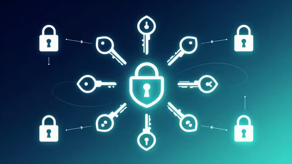 Abstract illustration of an encrypted digital vault with interconnected key icons radiating outward on a deep navy and teal gradient background