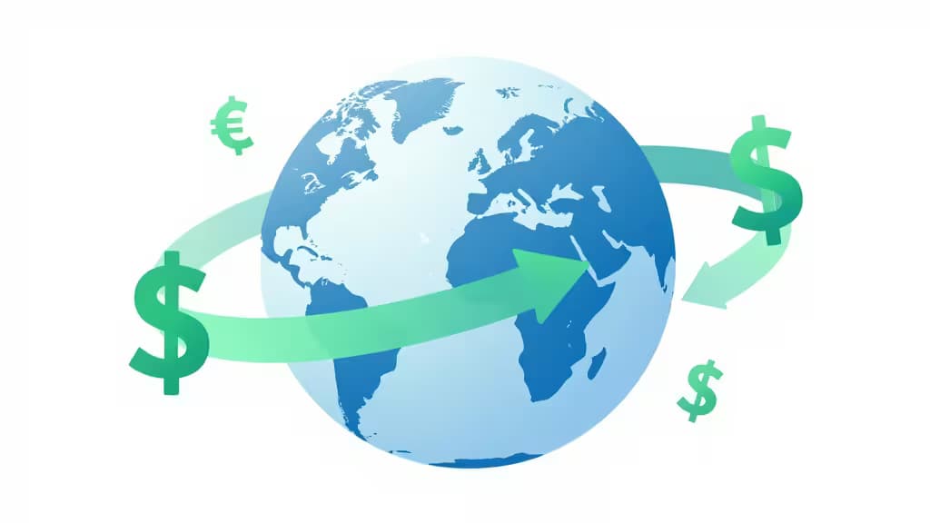 Abstract illustration of international money transfer with currency symbols flowing across a stylized globe in blue and green tones