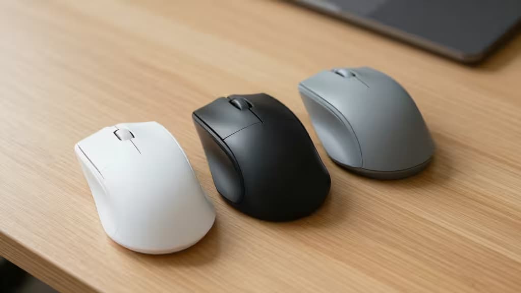 Three ergonomic vertical mice in white, black, and gray rest on a light wood desk.