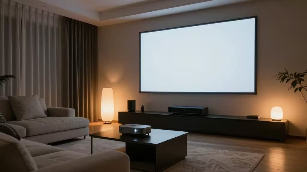 Modern living room features projector, smart speakers, and ambient lighting for automated home theater experience.