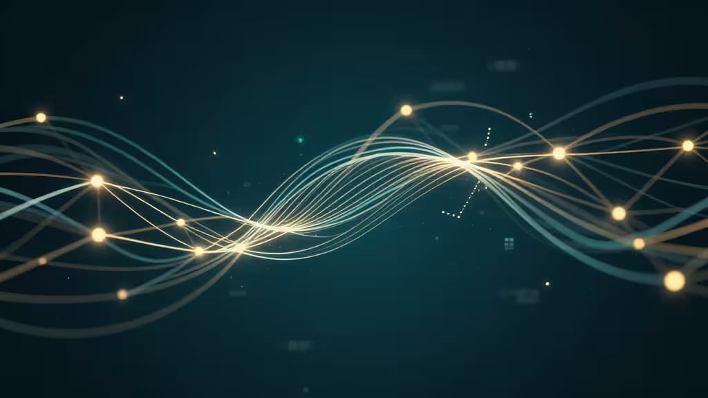 Abstract illustration of interconnected database nodes with glowing data flow lines in teal and amber tones