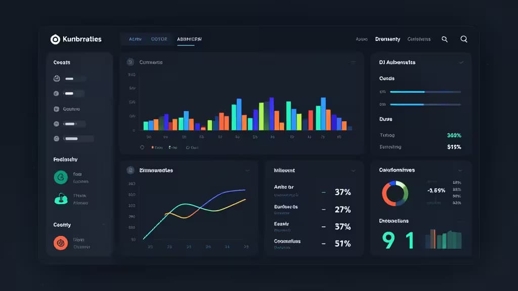 Dark Kubernetes dashboard toont realtime cluster metrics, pod status en resource usage voor kostenefficiënte monitoring.
