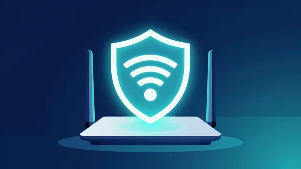 Glowing shield with Wi-Fi symbol hovers above sleek router, symbolizing secure VPN connectivity.