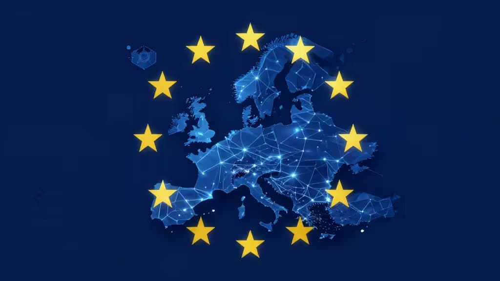 Rete blockchain luminosa blu sovrapposta a una mappa europea in campo blu scuro, circondata da dodici stelle gialle su sfondo navy.