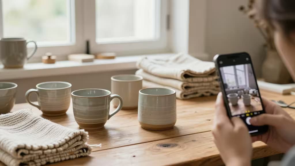 Handgemachte Keramikbecher und gewebte Textilien auf einem rustikalen Holztisch in einem beleuchteten Atelier, aufgenommen mit einem Smartphone für Produktfotos