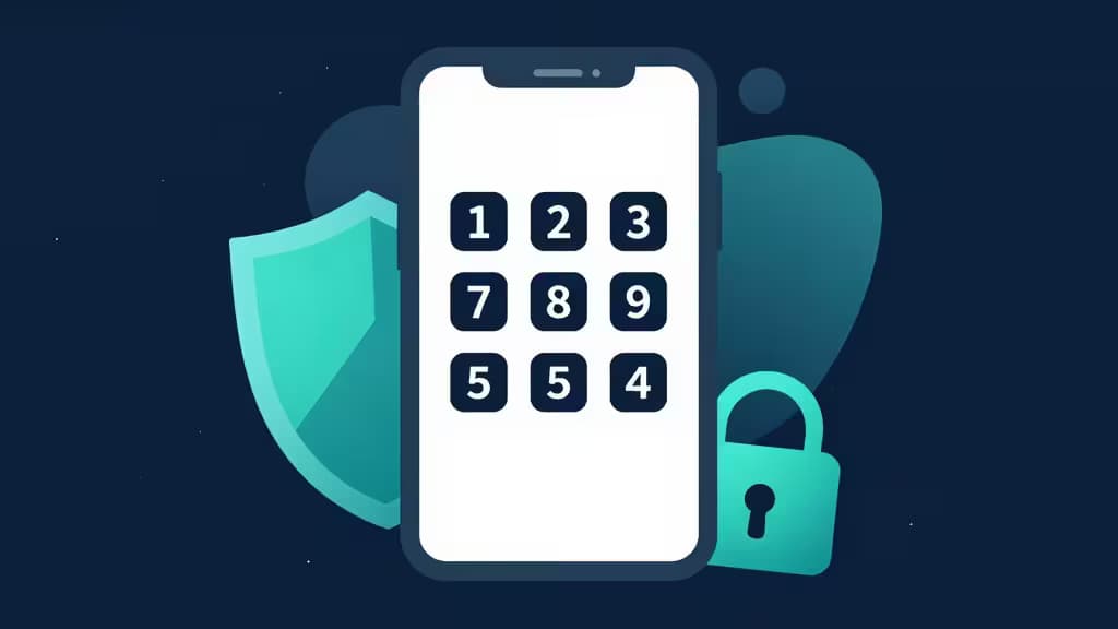 Een smartphone met een numeriek toetsenbord, geflankeerd door een schild en hangslot, symboliseert veilige offline 2FA-authenticatie.