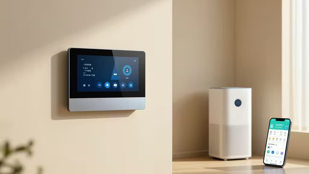 Wall-mounted smart display, white air purifier, and phone showing irrigation app sit on a sunlit wooden surface in a modern beige room.
