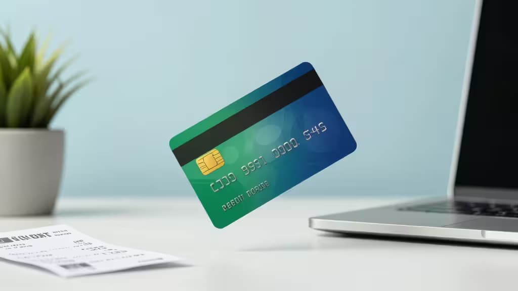 Carta di credito business moderna sospesa sopra una scrivania minimalista con laptop e ricevute, in tonalità blu e verde