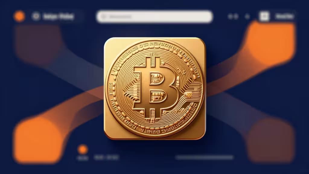 Uma moeda dourada de Bitcoin com padrões de circuitos digitais centralizada sobre um fundo azul escuro de interface digital, representando o ecossistema de Ordinals.