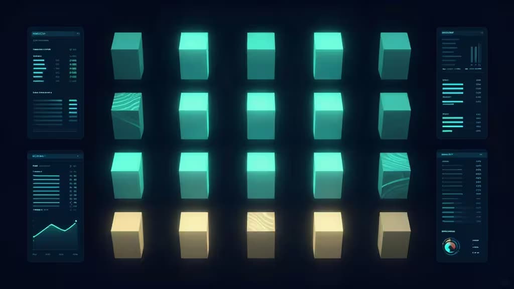 Glowing teal and gold cubes flank data dashboards, symbolizing affordable real-time analytics infrastructure.