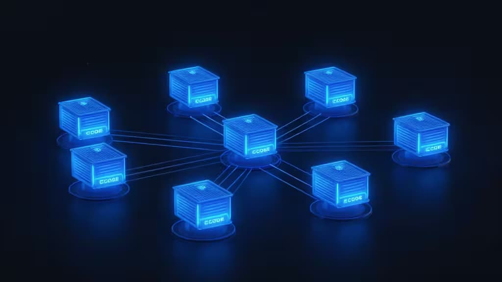 Nœuds de serveur bleus lumineux étiquetés « CODE » interconnectés dans un réseau, symbolisant une infrastructure cloud scalable.
