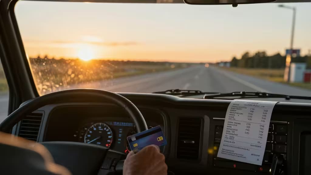 Trucker houdt zakelijke creditcard vast in cabine, zonsondergang op de weg, bon zichtbaar.