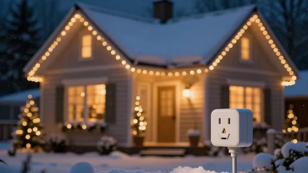 Ein weißer Smart-Stecker im Schnee vor einem festlich beleuchteten Haus.