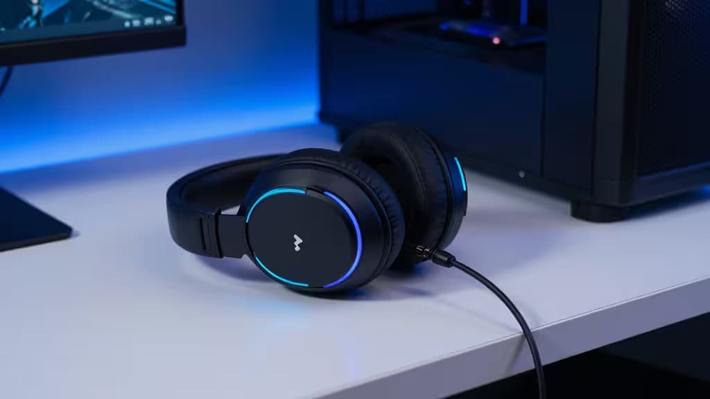 Nere cuffie gaming con jack 3.5mm, LED blu e design ergonomico su scrivania bianca.