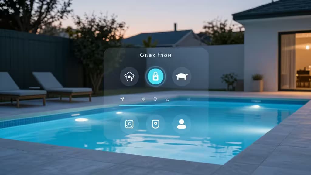 A translucent smart pool controller interface hovers over a modern backyard pool at twilight, displaying illuminated icons for automated home and pool management.