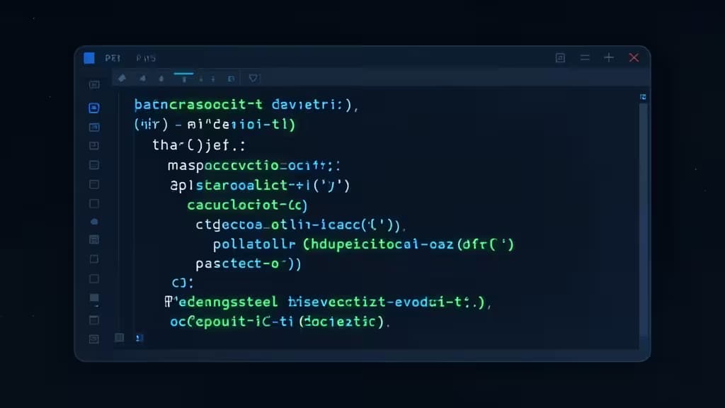 Тёмный редактор кода с подсветкой синтаксиса: абстрактная иллюстрация AI-анализа pull request diff.