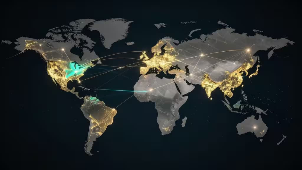 Rete digitale luminosa con nodi globali collegati su una mappa mondiale scura, a simboleggiare la connettività internazionale degli exchange crypto.