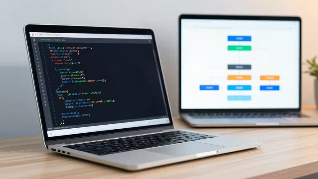 Dos laptops muestran código Rust y diagramas de pipeline CI/CD sobre un escritorio de madera.