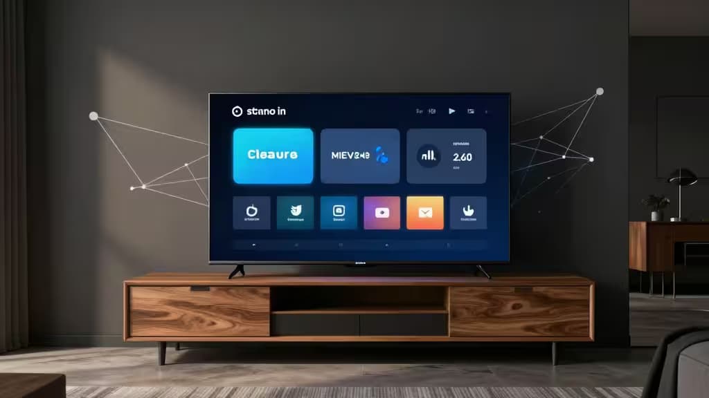 Un téléviseur Sony élégant affiche une interface VPN sur un meuble en bois dans un salon minimaliste.