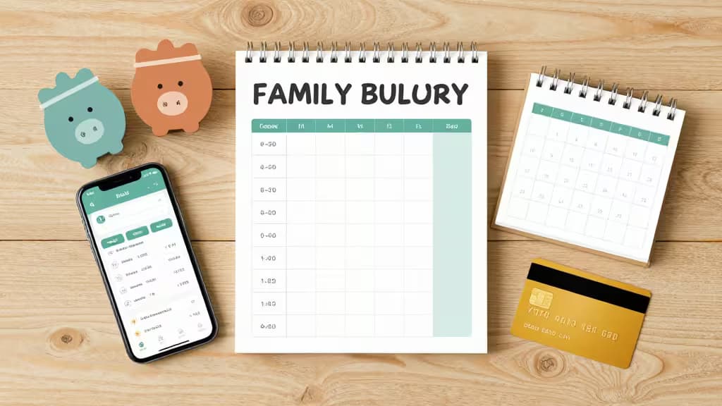Plano editorial sobre una mesa de madera con un smartphone mostrando una app de presupuesto, tarros de ahorro etiquetados con nombres de niños, un calendario familiar compartido y una tarjeta de crédito, con iluminación natural suave.