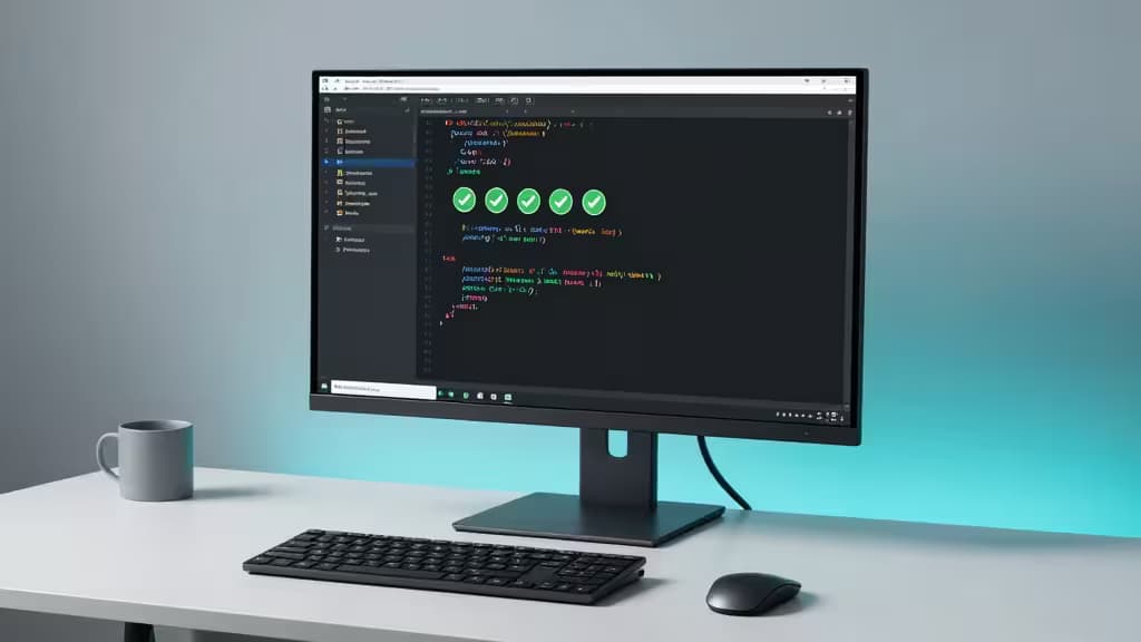 Un monitor elegante muestra código Go con marcas de verificación verdes, flanqueado por teclado, ratón y una taza sobre un escritorio minimalista.