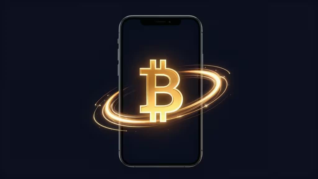 Illustration abstraite d'un smartphone affichant des symboles Bitcoin dorés avec des traînées lumineuses sur fond bleu marine