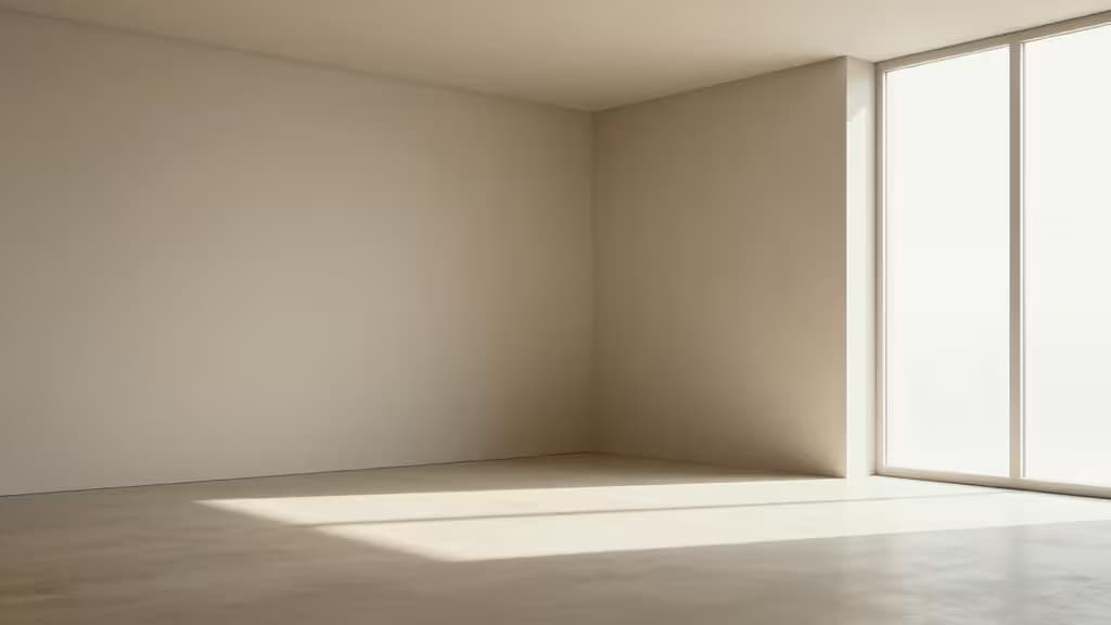 Sunlight streams through large windows onto smooth concrete floors in a minimalist beige room.