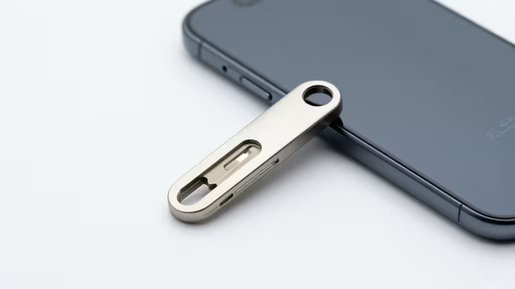 Una chiavetta di sicurezza hardware metalica e sottile appoggiata diagonalmente sul bordo di un iPhone scuro su una superficie bianca.
