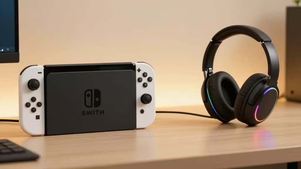 Um Nintendo Switch ao lado de um headset gamer preto com iluminação RGB sobre uma mesa de madeira, em um ambiente de jogo aconchegante.