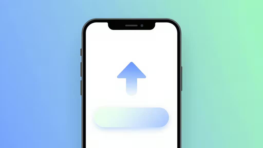 Abstract illustration of a smartphone showing a simple cryptocurrency buy button with an upward arrow, set against a soft blue and green gradient background in a modern fintech style