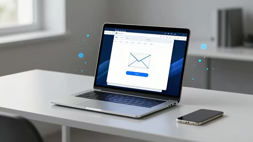 A sleek silver laptop on a white desk displays an AI email interface, with a smartphone nearby.
