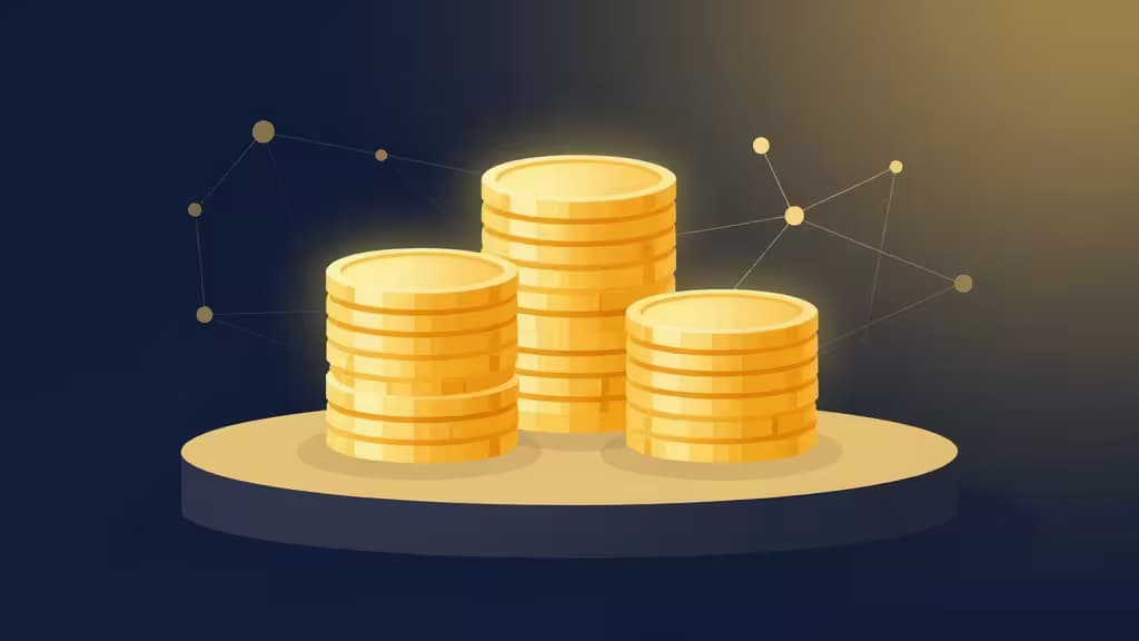 Three glowing gold coin stacks rest on a circular platform, surrounded by abstract network lines against a dark blue gradient background.
