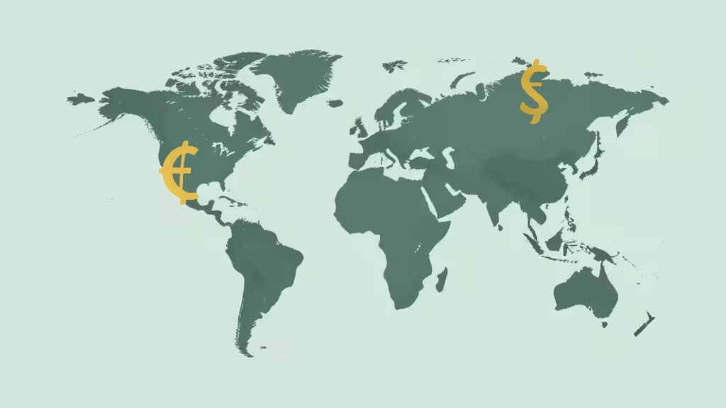Ilustración abstracta de transferencias internacionales de dinero: un globo terráqueo estilizado con símbolos de moneda y flechas que conectan continentes, en tonos turquesa y dorado.