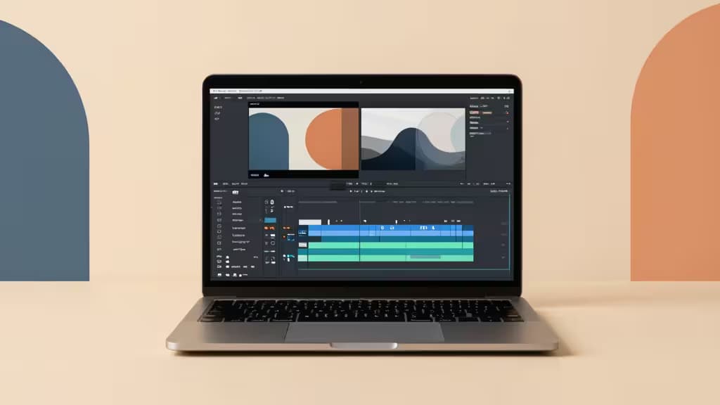 Ein silberner Laptop zeigt KI-Videobearbeitungssoftware mit übereinanderliegenden Zeitleisten und abstrakten Grafiken auf einem minimalistischen beigen Schreibtisch.