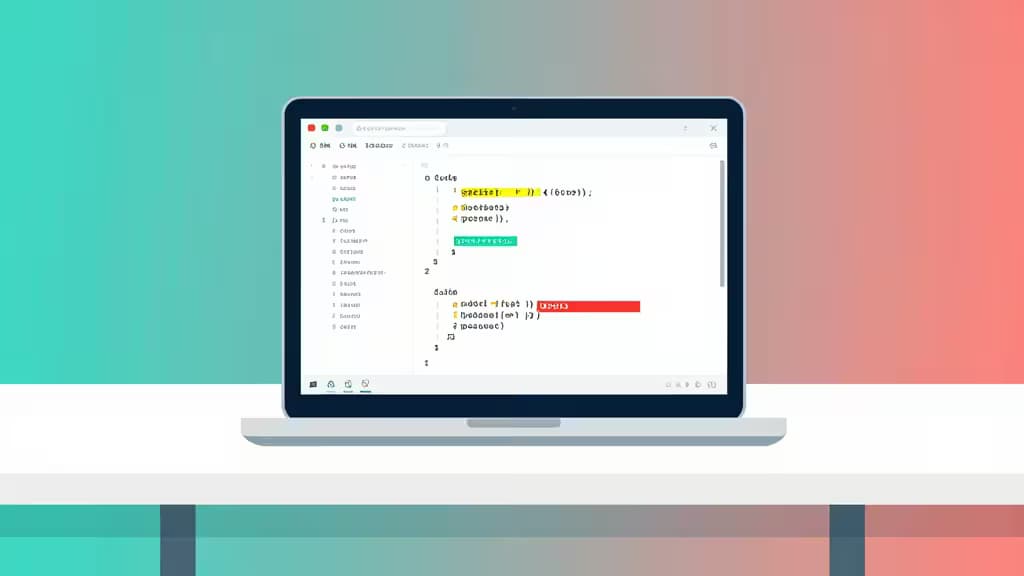 Laptop displays code editor with AI-generated syntax, illustrating beginner-friendly app development without programming expertise.